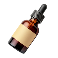 Amber glass dropper bottle with blank label isolated on png