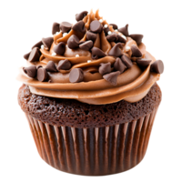 Decadent chocolate cupcake topped with rich frosting and chocolate chips isolated on transparent background png