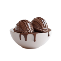 Two scoops of rich chocolate ice cream with chocolate syrup in a white bowl isolated on transparent background png