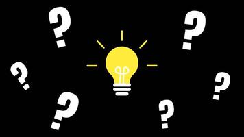 Animated yellow light bulb surrounded by white question marks on a black background. Perfect for brainstorming, problem solving, creativity, innovation and idea discovery themes. video