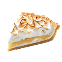 A delicious slice of lemon meringue pie with golden brown toasted meringue isolated on transparent background png