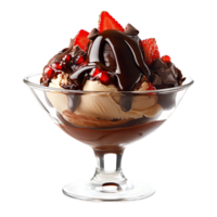 Decadent chocolate ice cream sundae with strawberries and chocolate chunks isolated on transparent background png