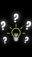 Animation of a yellow light bulb surrounded by white question marks. Represents brainstorming, ideas, and problem-solving concepts. Alpha channel video