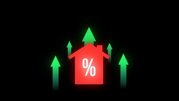 Animated house with percentage symbol and rising arrows, representing increasing interest rates, mortgage costs, housing market, or inflation in real estate industry. video
