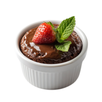 Decadent chocolate lava cake with strawberry and mint isolated on transparent background png