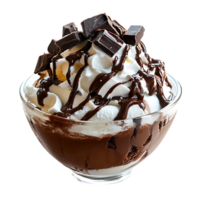 Delicious chocolate ice cream sundae with whipped cream and chocolate shards isolated on transparent background png