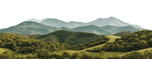 Panoramic view of lush green rolling hills and mountain ranges isolated on transparent background png