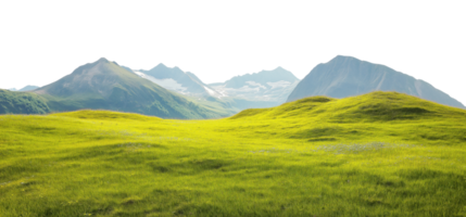 Green meadow with rolling hills extending toward mountain peaks, isolated on transparent background png