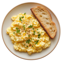 Plate with scrambled eggs and slice of bread isolated on transparent background png