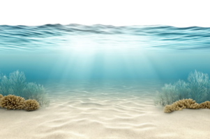 Underwater view showing crystal clear turquoise water with sandy ocean floor and marine vegetation, isolated on transparent background png