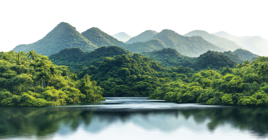 Calm lake reflecting lush tropical forest with layered mountain peaks, isolated on transparent background png