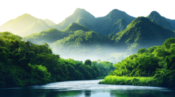 Serene river flowing through lush tropical valley with misty green mountains, isolated on transparent background png