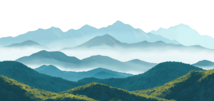Layered mountain silhouettes with morning mist and fog isolated on transparent background png