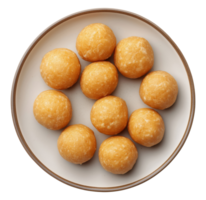 Plate with traditional Indian ladoo sweets isolated on transparent background, top view png