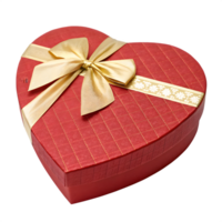 Red heart shaped gift box with gold ribbon and flower trim isolated on transparent background png