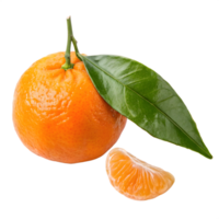 Fresh whole tangerine with a green leaf and a segment isolated on transparent background png