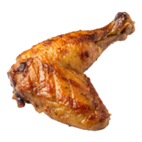 Crispy golden brown roasted chicken leg and thigh isolated on transparent background png