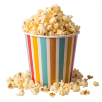 A colorful striped bucket overflowing with popcorn isolated on transparent background png