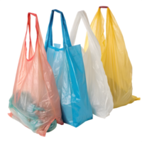 Four colorful plastic shopping bags arranged in a row isolated on transparent background png
