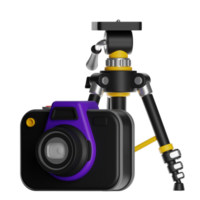 Purple and black camera resting on a tripod with transparent background png