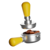 Coffee tamper pressing roasted coffee beans in portafilter with transparent background png