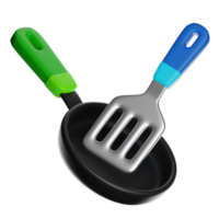 Frying pan and spatula on transparent background, 3d rendering png
