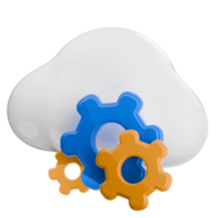 White cloud with blue and yellow gear icons, cloud computing settings illustration. 3d render isolated object. png