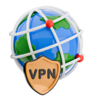 3D illustration of a globe with a VPN shield, internet security icon isolated. png