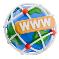 World Wide Web symbol on a globe, connected by lines, isolated. 3d render internet icon illustration. png