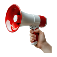 Hand Holds Red and White Megaphone Loudspeaker png