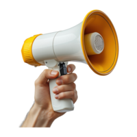 Hand Holding a White and Yellow Megaphone on Transparent Background Isolated png