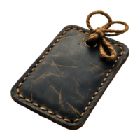 Closeup Dark Blue Leather Tag with Stitching and Burlap String Knot, Transparent png