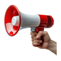 Hand Holding Red and White Megaphone Against a Transparent Background Studio Shot png
