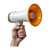 Hand Holding White and Orange Megaphone with Transparent Background png