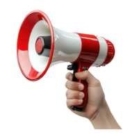 Hand Holding Red and White Megaphone on Transparent Background Closeup View png