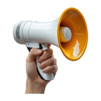 Hand Holding White and Gold Megaphone with Transparent Background Design png