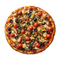 Delicious Pizza with Fresh Tomatoes, Mushrooms, Olives and Artichokes on Transparent Background png