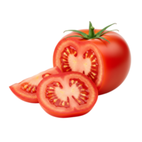 A vibrant close up shows a fresh, juicy red tomato and slices on a transparent background, perfect for culinary designs. png
