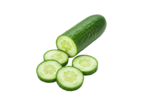 A crisp cucumber and several fresh slices are presented against a stark black backdrop, highlighting the vibrant green vegetable, transparent background png