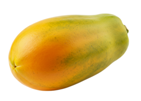 Vivid shot showcasing a fresh papaya against a black backdrop, emphasizing its vibrant yellow and green hues and smooth texture, transparent background png