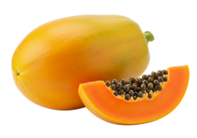 Ripe papaya fruit displayed with a juicy slice, showing vibrant orange flesh and black seeds, perfect for tropical themes, transparent background png