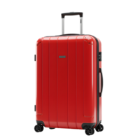A bright red suitcase stands ready for travel, featuring a sleek design ideal for vacation or business trips, transparent background png