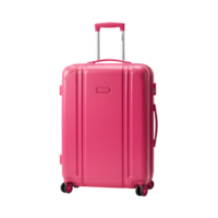 A stylish pink suitcase stands ready for travel adventures, offering functionality and flair for global explorations and vacation getaways, transparent background png