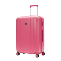 Striking pink suitcase stands ready for travel adventures against a stark transparent background, perfect for showcasing luggage design. png