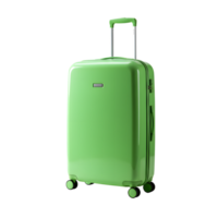 A bright green suitcase stands ready for travel, showcasing its sleek design against a contrasting transparent background in studio. png
