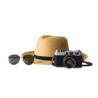 Summer travel essentials present a retro camera, straw hat, and stylish sunglasses against a dark backdrop, transparent background png