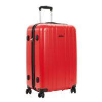 A vibrant red suitcase stands tall, showcasing its sleek design against a simple background, ideal for travel and packing themes, transparent background png