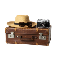 Old suitcase with hat, sunglasses and vintage camera represents travel and adventure, transparent background png
