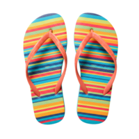 Brightly striped summer flip flops, colorful beach footwear with orange straps on a transparent background, ideal for vacation and relaxation themes. png