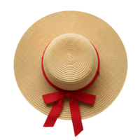Straw sunhat beautifully decorated with a vibrant red ribbon, ideal for summer outings and protecting against the sun's rays, transparent background png
